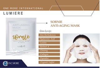 Aloe Barbedensis
Hyaluronic Acid
Lesitin
Retinol A
Ginseng
Collagen
Peptidler
Organik Yağlar
SORNIE
ANTI-AGING MASK
Ürün İçeriği;
O N E M O R E I N T E R N A T I O N A L
L U M I E R E
 