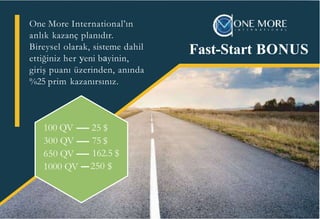 Fast-Start BONUS
One More International’ın
anlık kazanç planıdır.
Bireysel olarak, sisteme dahil
ettiğiniz her yeni bayinin,
giriş puanı üzerinden, anında
%25 prim kazanırsınız.
100 QV
300 QV
650 QV
1000 QV
25 $
75 $
162.5 $
250 $
 