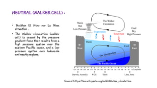 NEUTRAL (WALKER CELL) :
• Neither El Nino nor La Nina
situation .
• The Walker circulation (walker
cell) is caused by the pressure
gradient force that results from a
high pressure system over the
eastern Pacific ocean, and a low
pressure system over Indonesia
and nearby regions.
Source: https://en.wikipedia.org/wiki/Walker_circulation
 