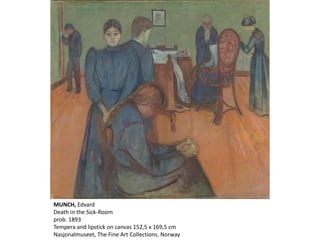 MUNCH, Edvard
Death in the Sick-Room
prob. 1893
Tempera and lipstick on canvas 152,5 x 169,5 cm
Nasjonalmuseet, The Fine Art Collections. Norway
 