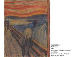 MUNCH, Edvard
The Scream
1893
Tempera and lipstick on cardboard
91 x 73,5 cm
Nasjonalmuseet (The National
Museum) Oslo Norway
 
