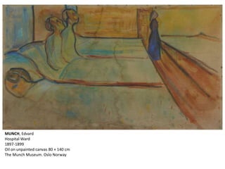 MUNCH, Edvard
Hospital Ward
1897-1899
Oil on unpainted canvas 80 × 140 cm
The Munch Museum. Oslo Norway
 