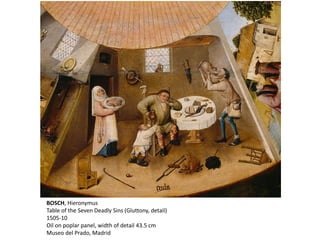 BOSCH, Hieronymus
Table of the Seven Deadly Sins (Gluttony, detail)
1505-10
Oil on poplar panel, width of detail 43.5 cm
Museo del Prado, Madrid
 