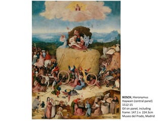 BOSCH, Hieronymus
Haywain (central panel)
1512-15
Oil on panel, including
frame: 147.1 x 224.3cm
Museo del Prado, Madrid
 
