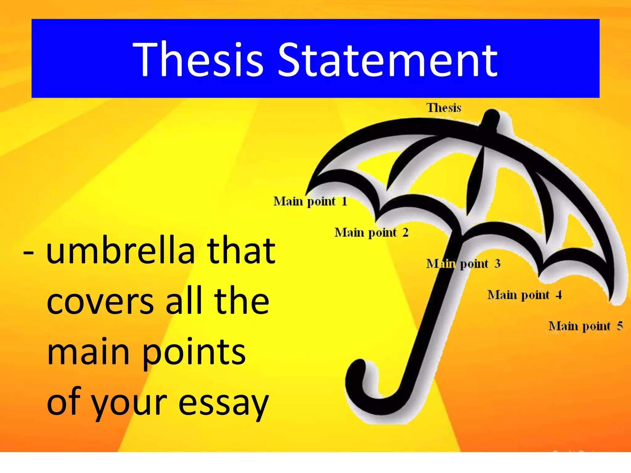 Thesis Statement
- umbrella that
covers all the
main points
of your essay
 