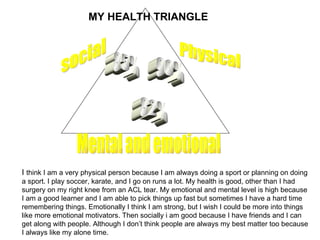 social Physical Mental and emotional 85% 90% 82% I  think I am a very physical person because I am always doing a sport or planning on doing a sport. I play soccer, karate, and I go on runs a lot. My health is good, other than I had surgery on my right knee from an ACL tear. My emotional and mental level is high because I am a good learner and I am able to pick things up fast but sometimes I have a hard time remembering things. Emotionally I think I am strong, but I wish I could be more into things like more emotional motivators. Then socially i am good because I have friends and I can get along with people. Although I don’t think people are always my best matter too because I always like my alone time.  MY HEALTH TRIANGLE 