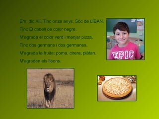Em dic Ali. Tinc onze anys. Sóc de LÍBAN.
Tinc El cabell de color negre.
M‘agrada el color verd i menjar pizza.
Tinc dos germans i dos germanes.
M'agrada la fruita: poma, cirera, plàtan.
M'agraden els lleons.
 