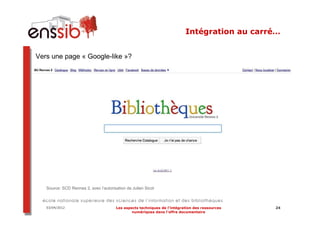 Intégration au carré…


Vers une page « Google-like »?




   Source: SCD Rennes 2, avec l’autorisation de Julien Sicot



   03/04/2012                          Les aspects techniques de l’intégration des ressources   24
                                               numériques dans l’offre documentaire
 