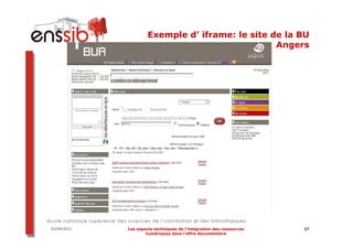 Exemple d’ iframe: le site de la BU
                                                  Angers




03/04/2012   Les aspects techniques de l’intégration des ressources   27
                     numériques dans l’offre documentaire
 