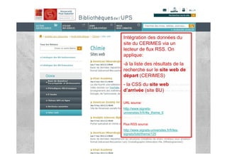 Intégration des données du
site du CERIMES via un
lecteur de flux RSS. On
applique:
-à la liste des résultats de la
recherche sur le site web de
départ (CERIMES)
- la CSS du site web
d’arrivée (site BU)

URL source:
http://www.signets-
universites.fr/fr/#a_theme_6


Flux RSS source:
http://www.signets-universites.fr/fr/les-
signets/bdd/theme/125
 