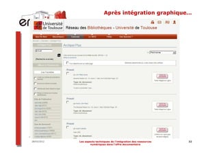 Après intégration graphique…




28/03/2012   Les aspects techniques de l’intégration des ressources   32
                     numériques dans l’offre documentaire
 