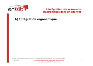 L’intégration des ressources
                             électroniques dans un site web


  A) Intégration ergonomique




28/03/2012   Les aspects techniques de l’intégration des ressources   5
                     numériques dans l’offre documentaire
 