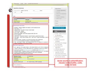 Accès soumis à authentification:
 clauses contractuelles, coûts,
        codes de tests
 