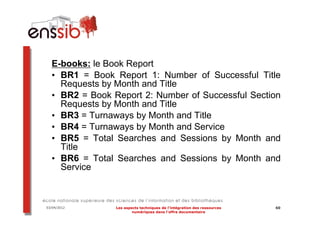 E-books: le Book Report
  • BR1 = Book Report 1: Number of Successful Title
    Requests by Month and Title
  • BR2 = Book Report 2: Number of Successful Section
    Requests by Month and Title
  • BR3 = Turnaways by Month and Title
  • BR4 = Turnaways by Month and Service
  • BR5 = Total Searches and Sessions by Month and
    Title
  • BR6 = Total Searches and Sessions by Month and
    Service



03/04/2012      Les aspects techniques de l’intégration des ressources   60
                        numériques dans l’offre documentaire
 