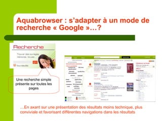 Aquabrowser : s’adapter à un mode de recherche « Google »…? … En axant sur une présentation des résultats moins technique, plus conviviale et favorisant différentes navigations dans les résultats Une recherche simple présente sur toutes les pages 