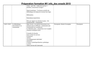 Préparation formation M1 info_doc enssib 2015
Outils : quel rôle : rendre des services +,
portillon, concurrencer Google ?...