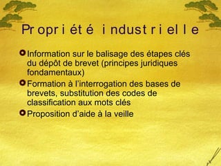 Pr opr i ét é i ndust r i el l e
Information sur le balisage des étapes clés
du dépôt de brevet (principes juridiques
fondamentaux)
Formation à l’interrogation des bases de
brevets, substitution des codes de
classification aux mots clés
Proposition d’aide à la veille
 