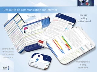 Des outils de communication sur Internet
Lettre d’info
mensuelle :
« L’actu des
réseaux »
Site web Fil’ABES :
le blog
institutionnel
Punktokomo :
le blog
technique
 