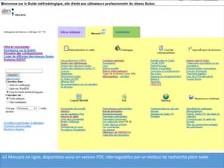 63 Manuels en ligne, disponibles aussi en version PDF, interrogeables par un moteur de recherche plein texte
 