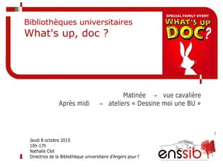 Matinée → vue cavalière
Après midi → ateliers « Dessine moi une BU »
Bibliothèques universitaires
What's up, doc ?
Jeudi 8 octobre 2015
10h-17h
Nathalie Clot
Directrice de la Bibliothèque universitaire d'Angers pour l'
 