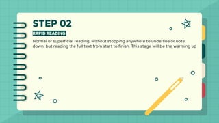 STEP 02
RAPID READING
Normal or superficial reading, without stopping anywhere to underline or note
down, but reading the full text from start to finish. This stage will be the warming up
 