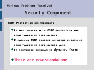 Various Problems Resolved CSRF Protection enhancements Securty Component It was coupled with CSRF protection and form tampering safe-guards Disabling CSRF protection meant disabling form tampering safe-guards  also It prevented generating  dynamic form These are now standalone 