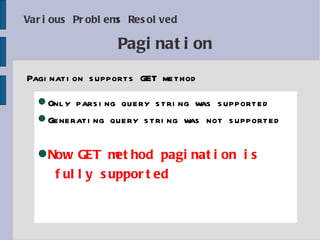 Various Problems Resolved Pagination supports GET method Pagination Only parsing query string was supported Generating query string was not supported Now GET method pagination is  fully supported 