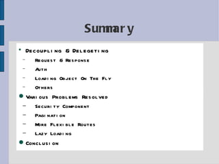 Summary Decoupling & Delegeting Request & Response Auth Loading Object On The Fly Others Various Problems Resolved Security Component Pagination More Flexible Routes Lazy Loading Conclusion 