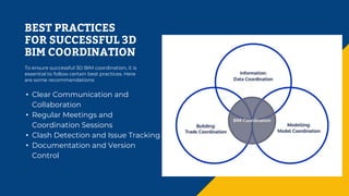BEST PRACTICES
FOR SUCCESSFUL 3D
BIM COORDINATION
To ensure successful 3D BIM coordination, it is
essential to follow certain best practices. Here
are some recommendations:
• Clear Communication and
Collaboration
• Regular Meetings and
Coordination Sessions
• Clash Detection and Issue Tracking
• Documentation and Version
Control
 