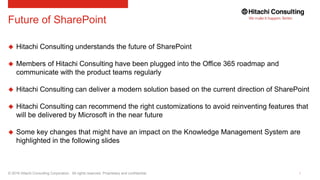 © 2016 Hitachi Consulting Corporation. All rights reserved. Proprietary and confidential.
Future of SharePoint
 Hitachi Consulting understands the future of SharePoint
 Members of Hitachi Consulting have been plugged into the Office 365 roadmap and
communicate with the product teams regularly
 Hitachi Consulting can deliver a modern solution based on the current direction of SharePoint
 Hitachi Consulting can recommend the right customizations to avoid reinventing features that
will be delivered by Microsoft in the near future
 Some key changes that might have an impact on the Knowledge Management System are
highlighted in the following slides
 