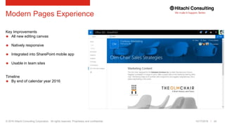© 2016 Hitachi Consulting Corporation. All rights reserved. Proprietary and confidential.
Modern Pages Experience
Key Improvements
 All new editing canvas
 Natively responsive
 Integrated into SharePoint mobile app
 Usable in team sites
Timeline
 By end of calendar year 2016
10/17/2016 24
 