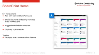 © 2016 Hitachi Consulting Corporation. All rights reserved. Proprietary and confidential.
SharePoint Home
Key Improvements
 New entry point for SharePoint users
 Shows documents and activity from sites
that a user frequents
 Suggests sites relevant to the user
 Capability to provide links
Timeline
 Deploying Now - available to First Release
10/17/2016 26
 