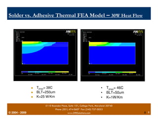 Solder vs. Adhesive Thermal FEA Model – 30W Heat Flow 
© 2004 - 2007 
 Tjmax= 38C 
 BLT=250um 
 K=25 W/Km 
• Tjmax= 46C 
• BLT=50um 
• K=1W/Km 
5110 Roanoke Place, Suite 101, College Park, Maryland 20740 
Phone (301) 474-0607 Fax (240) 757-0053 
2009 www.DfRSolutions.com 8 
8 
 