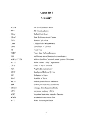 Appendix 3 
Glossary 
A2AD anti-access and area-denial 
AVF All-Volunteer Force 
BCA Budget Control Act 
BRAC Base Realignment and Closure 
BUR Bottom-Up Review 
CBO Congressional Budget Office 
DOD Department of Defense 
FY Fiscal Year 
FYDP Future Year Defense Program 
ISR intelligence, surveillance and reconnaissance 
MILSATCOM Military Satellite Communications Systems Directorate 
NATO North Atlantic Treaty Organization 
ONR Office of Naval Research 
PLA People's Liberation Army 
QDR Quadrennial Defense Review 
RIF Reduction in Force 
ROK Republic of Korea 
SSGN nuclear-guided missile submarine 
SSN nuclear-powered attack submarine 
START Strategic Arms Reduction Treaty 
UUV unmanned undersea vehicle 
VSIP Voluntary Separation Incentive Payment 
WMD weapons of mass destruction 
WTO World Trade Organization 
61 
 