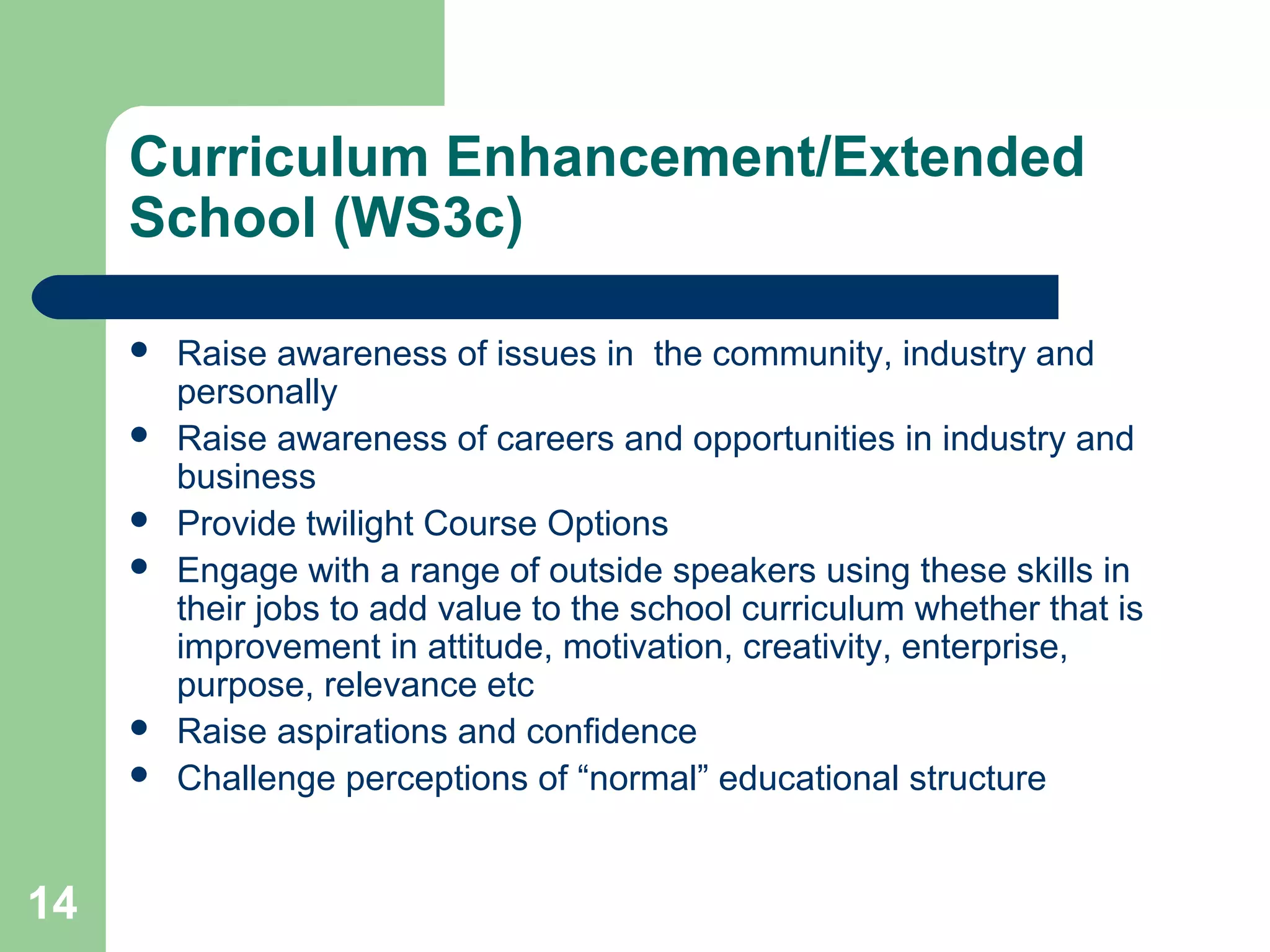 14
Curriculum Enhancement/Extended
School (WS3c)
 Raise awareness of issues in the community, industry and
personally
 Raise awareness of careers and opportunities in industry and
business
 Provide twilight Course Options
 Engage with a range of outside speakers using these skills in
their jobs to add value to the school curriculum whether that is
improvement in attitude, motivation, creativity, enterprise,
purpose, relevance etc
 Raise aspirations and confidence
 Challenge perceptions of “normal” educational structure
 