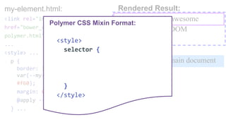 my-element.html:
<link rel="import"
href="bower_components/polymer/
polymer.html">
...
<style> ...
p {
border: 3px solid
v...