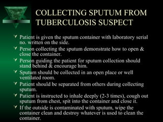 COLLECTING SPUTUM FROM
TUBERCULOSIS SUSPECT
 Patient is given the sputum container with laboratory serial
no. written on the side.
 Person collecting the sputum demonstrate how to open &
close the container.
 Person guiding the patient for sputum collection should
stand behind & encourage him.
 Sputum should be collected in an open place or well
ventilated room.
 Patient should be separated from others during collecting
sputum.
 Patient is instructed to inhale deeply (2-3 times), cough out
sputum from chest, spit into the container and close it.
 If the outside is contaminated with sputum, wipe the
container clean and destroy whatever is used to clean the
container.
 