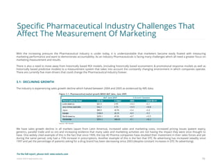 Eularis ©2014 www.eularis.com 
With the increasing pressure the Pharmaceutical industry is under today, it is understandable that marketers become easily fixated with measuring marketing performance and want to demonstrate accountability. As an industry Pharmaceuticals is facing many challenges which all need a greater focus on marketing measurement and results. 
There is also a need to move away from historically based ROI models, (including historically based econometric & promotional response models as well as historically based predictive models) to a measurement system that takes into account the constantly changing environment in which companies operate. There are currently five main drivers that could change the Pharmaceutical industry forever. 
3.1: DECLINING GROWTH 
The industry is experiencing sales growth decline which halved between 2004 and 2005 as evidenced by IMS data. 
We have sales growth decline in all markets (apart from Latin America), increased sales and marketing costs, increased pricing issues (patent expiry, generics, parallel trade and so on) and increasing evidence that many sales and marketing activities are not having the impact they were once thought to have. One widely cited example of this is the fact that since 1999, the top 40 Pharma companies have doubled their investment in their sales forces and yet during the same period, only had a 15% increase in prescriptions. Another example of this is the fact that DTC Rx advertising has increased steadily since 1997 and yet the percentage of patients asking for a drug brand has been decreasing since 2003 (despite constant increases in DTC Rx advertising). 
10 
Specific Pharmaceutical Industry Challenges That Affect The Measurement Of Marketing 
For the full report, please visit: www.eularis.com or email us at contact@eularis.com  
