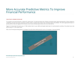 Eularis ©2014 www.eularis.com 
CASE STUDY: A BRAND IN DECLINE 
A successful core brand had been in decline for several years. To slow the decline the company increased activity spend dramatically to almost double its competitors and yet the brand continued to decline, with no market share impact from increased spend and activities. The client approached Eularis in January 2005 as they had negative ROI and were unsure how to allocate spend across the mix to slow decline. 
Figure 5.3 shows that the brand was at 17.8% market share in June 2004 and despite high levels of communications activities, the product was only performing at a 17.5% market share. 
Also, a lot of money was being spent on strategies that were either badly planned in terms of messages or executed poorly. 
17 
More Accurate Predictive Metrics To Improve Financial Performance 
For the full report, please visit: www.eularis.com or email us at contact@eularis.com  