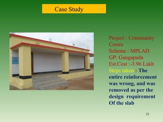 23
Case Study
Project : Community
Centre
Scheme : MPLAD
GP: Gangapada
Est.Cost :-3.96 Lakh
Steps taken : The
entire reinforcement
was wrong, and was
removed as per the
design requirement
Of the slab
 