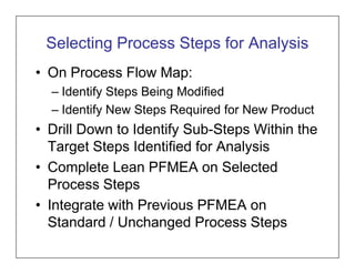 Selecting Process Steps for Analysis
• On Process Flow Map:
  – Identify Steps Being Modified
  – Identify New Steps Required for New Product
• Drill Down to Identify Sub-Steps Within the
  Target Steps Identified for Analysis
• Complete Lean PFMEA on Selected
  Process Steps
• Integrate with Previous PFMEA on
  Standard / Unchanged Process Steps
 