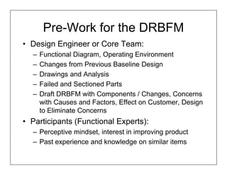Pre-Work for the DRBFM
• Design Engineer or Core Team:
  –   Functional Diagram, Operating Environment
  –   Changes from Previous Baseline Design
  –   Drawings and Analysis
  –   Failed and Sectioned Parts
  –   Draft DRBFM with Components / Changes, Concerns
      with Causes and Factors, Effect on Customer, Design
      to Eliminate Concerns
• Participants (Functional Experts):
  – Perceptive mindset, interest in improving product
  – Past experience and knowledge on similar items
 