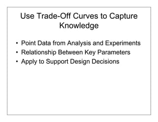 Use Trade-Off Curves to Capture
           Knowledge

• Point Data from Analysis and Experiments
• Relationship Between Key Parameters
• Apply to Support Design Decisions
 