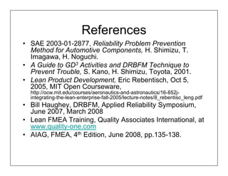 References
• SAE 2003-01-2877, Reliability Problem Prevention
  Method for Automotive Components, H. Shimizu, T.
  Imagawa, H. Noguchi.
• A Guide to GD3 Activities and DRBFM Technique to
  Prevent Trouble, S. Kano, H. Shimizu, Toyota, 2001.
• Lean Product Development, Eric Rebentisch, Oct 5,
  2005, MIT Open Courseware,
  http://ocw.mit.edu/courses/aeronautics-and-astronautics/16-852j-
  integrating-the-lean-enterprise-fall-2005/lecture-notes/8_rebentisc_leng.pdf
• Bill Haughey, DRBFM, Applied Reliability Symposium,
  June 2007, March 2008
• Lean FMEA Training, Quality Associates International, at
  www.quality-one.com
• AIAG, FMEA, 4th Edition, June 2008, pp.135-138.
 