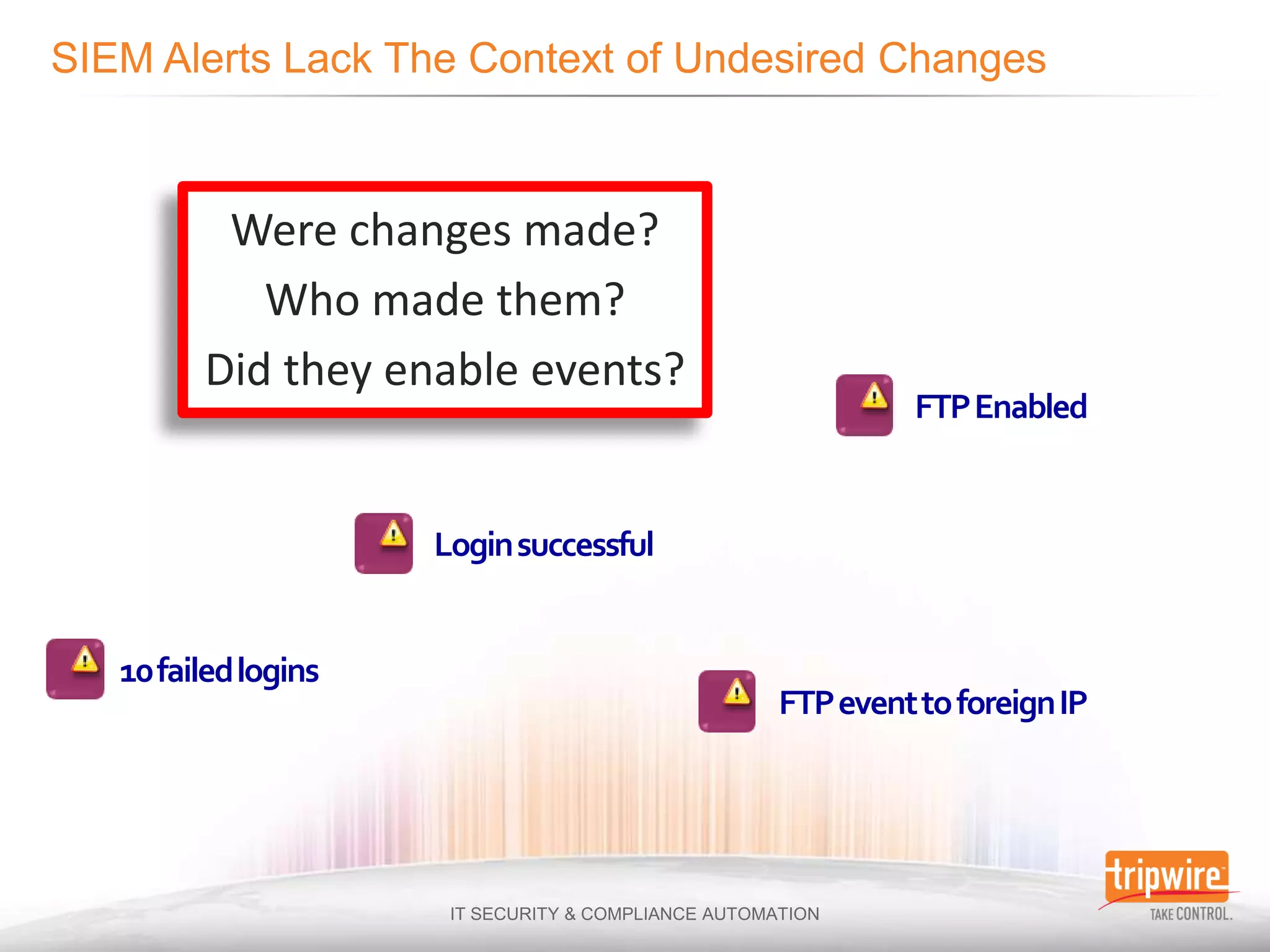 Were changes made?
         Who made them?
      Did they enable events?
                                                FTP Enabled


                   Login successful


10 failed logins
                                      FTP event to foreign IP
 
