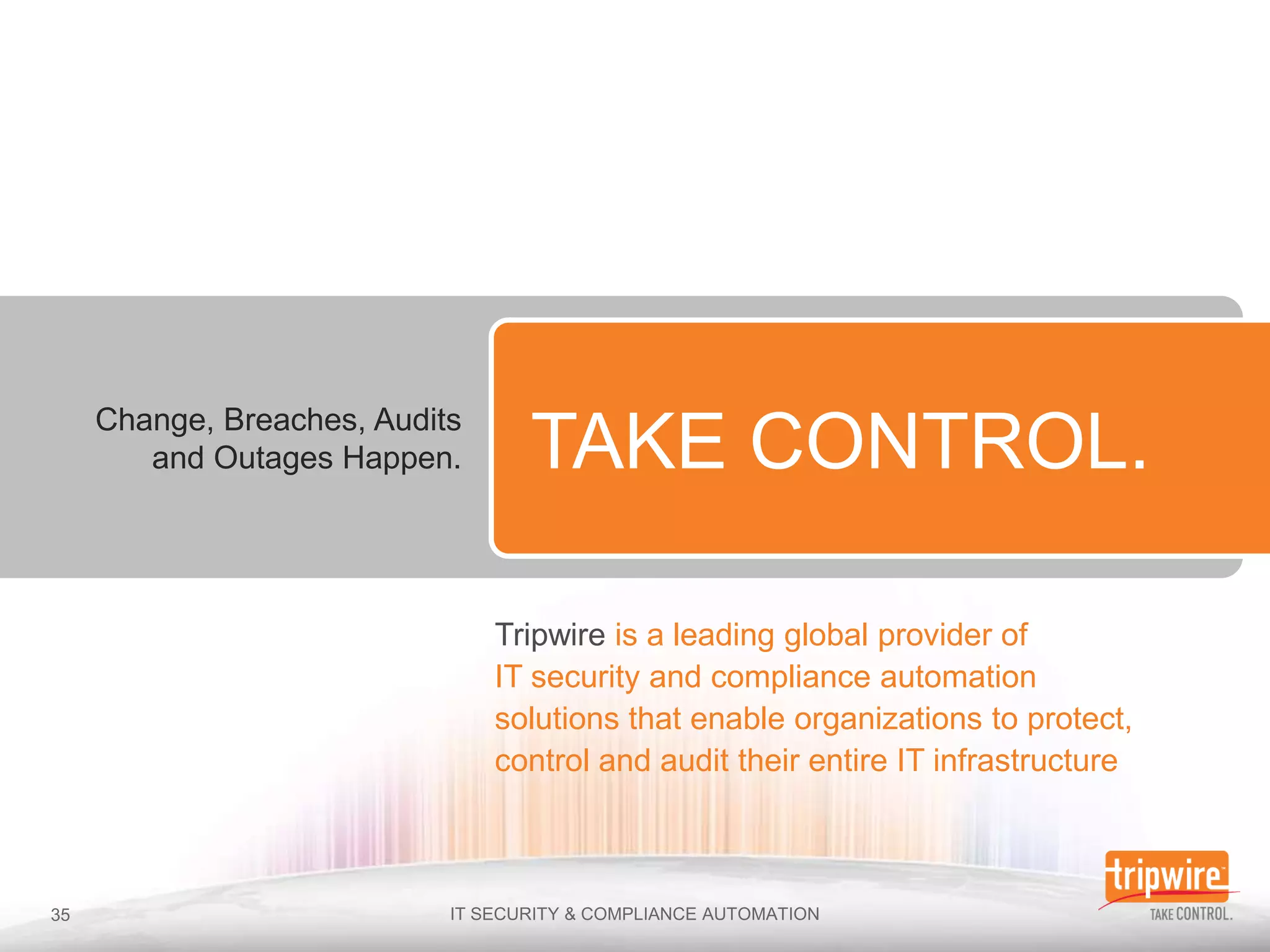 Change, Breaches, Audits
   and Outages Happen.       TAKE CONTROL.

                           Tripwire is a leading global provider of
                           IT security and compliance automation
                           solutions that enable organizations to protect,
                           control and audit their entire IT infrastructure
 