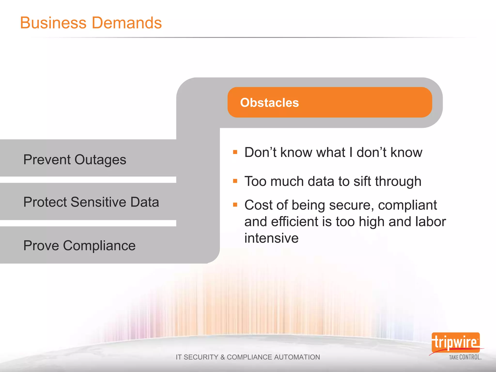  Don’t know what I don’t know
Prevent Outages
                          Too much data to sift through
Protect Sensitive Data    Cost of being secure, compliant
                           and efficient is too high and labor
                           intensive
Prove Compliance
 