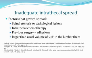 Inadequate intrathecal spread
 Factors that govern spread:
 Spinal stenosis or pathological lesions
 Intrathecal chemotherapy
 Previous surgery – adhesions
 larger than usual volume of CSF in the lumbar theca
Adler R, Lenz G. Neurological complaints after unsuccessful spinal anaesthesia as a manifestation of incipient syringomyelia, Eur J
Anaesthesiol , 1998, vol. 15 (pg. 103-5)
Westphal M, Gotz T, Booke M. Failed spinal anaesthesia after intrathecal chemotherapy, Eur J Anaesthesiol , 2005, vol. 22 (pg. 235-
6)
Hirabayashi Y, Fukuda H, Saitoh K, Inoue S, Mitsuhata H, Shimizu R. Failed spinal anaesthesia: cause identified by MRI, Can J
Anaesth , 1996, vol. 43 (pg. 1072-5)
 
