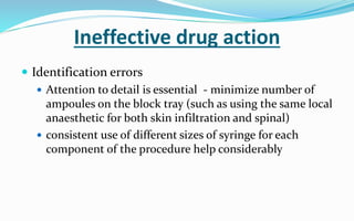 Ineffective drug action
 Identification errors
 Attention to detail is essential - minimize number of
ampoules on the block tray (such as using the same local
anaesthetic for both skin infiltration and spinal)
 consistent use of different sizes of syringe for each
component of the procedure help considerably
 