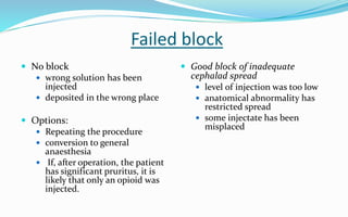 Failed block
 No block
 wrong solution has been
injected
 deposited in the wrong place
 Options:
 Repeating the procedure
 conversion to general
anaesthesia
 If, after operation, the patient
has significant pruritus, it is
likely that only an opioid was
injected.
 Good block of inadequate
cephalad spread
 level of injection was too low
 anatomical abnormality has
restricted spread
 some injectate has been
misplaced
 
